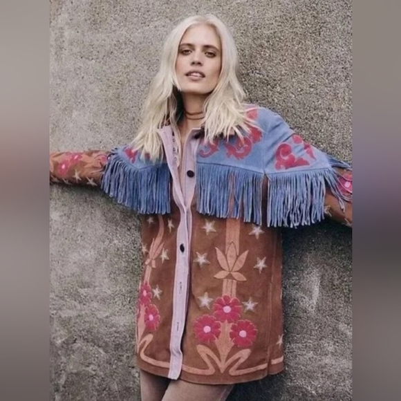 We The Free x Free People Liza Suede Leather Laser-Cut Floral Fringe Western - Picture 11 of 12